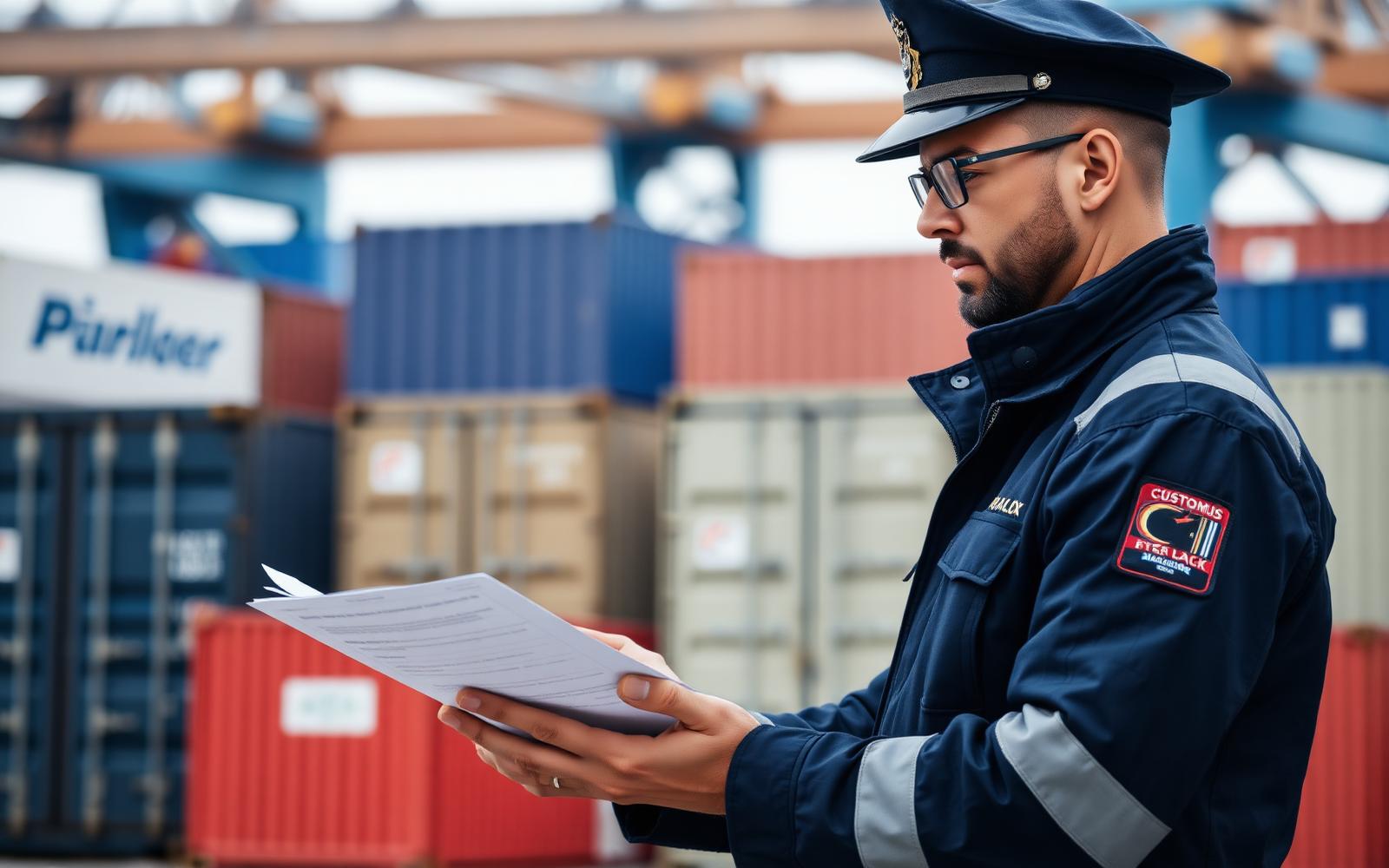 Customs officer reviewing shipping documents
