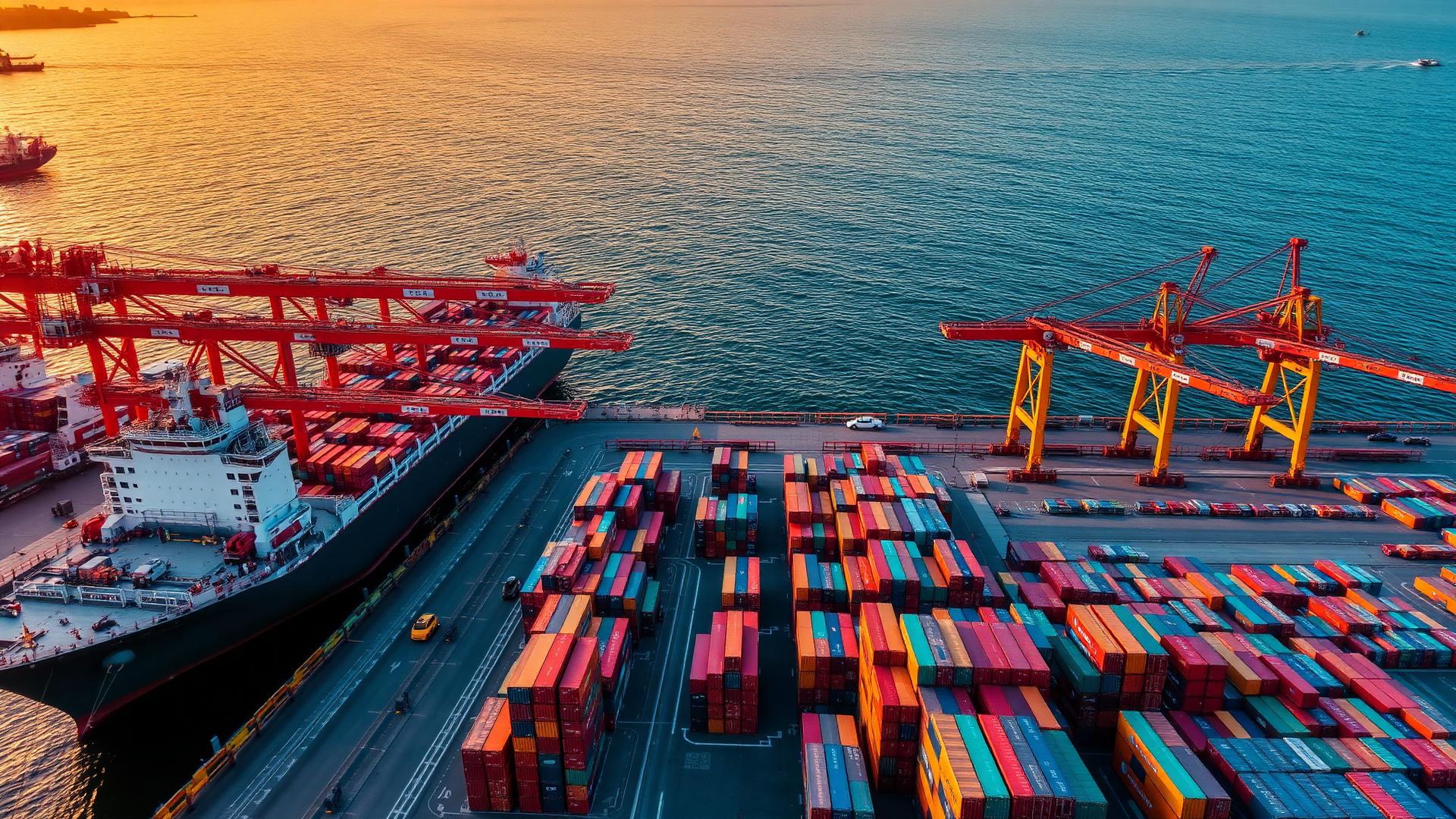 Global container port at sunset with cargo vessels