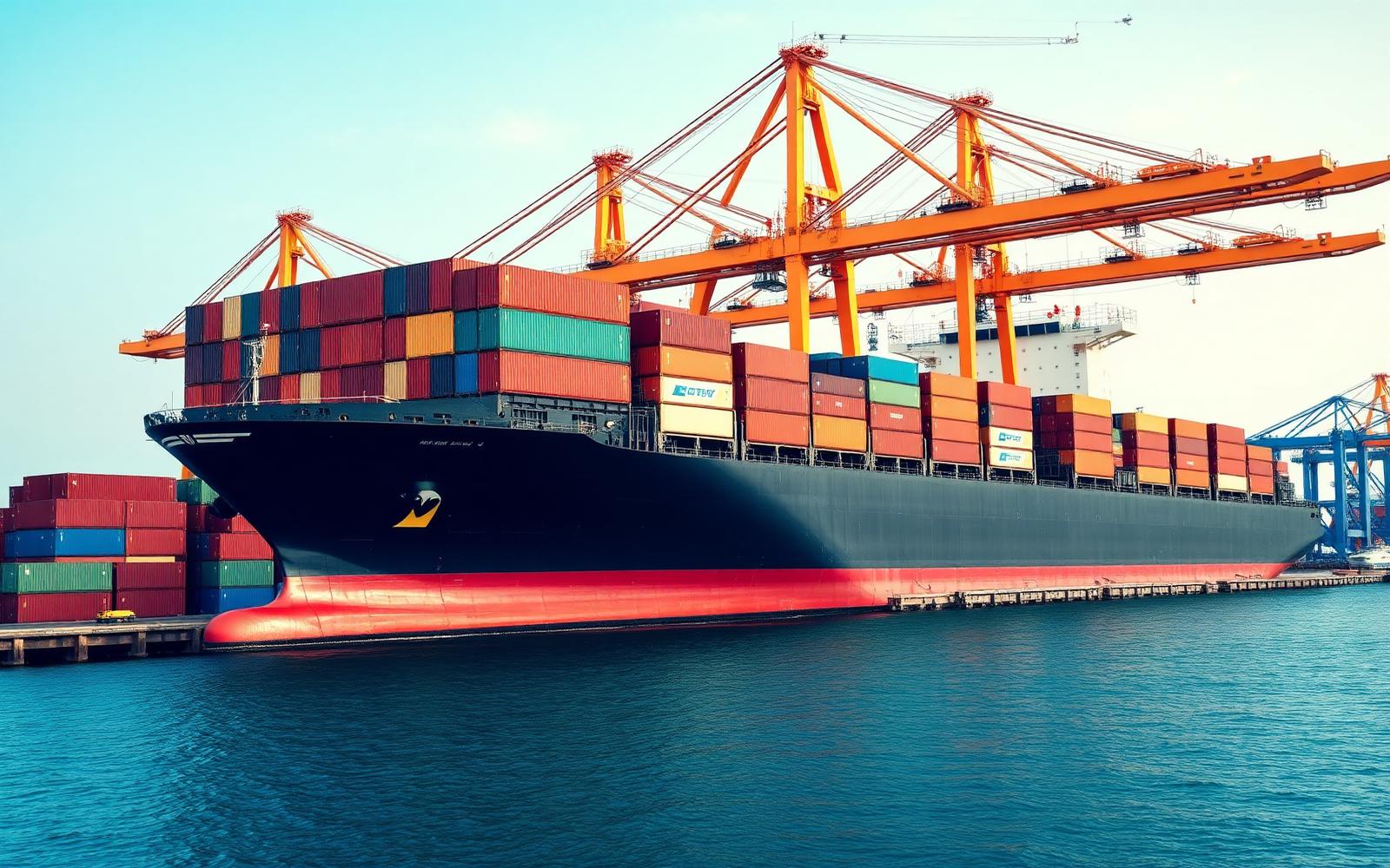 Container ship being loaded at port